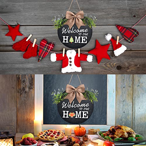 Interchangeable Welcome Home Sign, Seasonal Front Porch Door Decor With 21 Changeable Seasonal Icons for Halloween/Christmas/Independence Day, Rustic Wood Wreaths for Housewarming Gift (12") (Black)