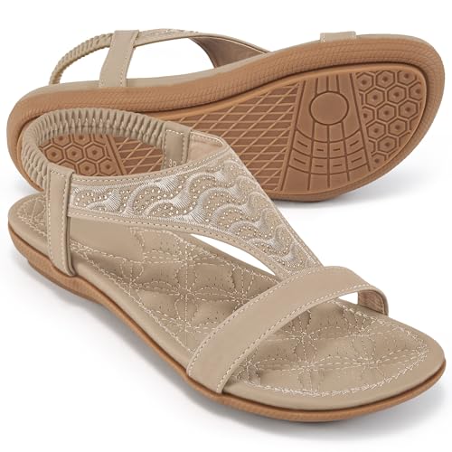 HARENCE Flat Sandals for Women Dressy: Casual Summer Womens Sandal Comfort Elastic Ankle Strap Slip on Flats Shoes