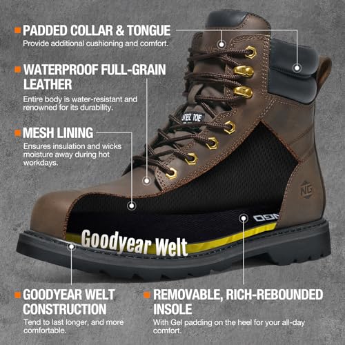 NINGO Steel Toe Work Boots for Men, Comfortable Leather Industrial & Construction Boots, Oil & Water Resistance Anti Slip Safety Boots with EH Protection, for Outdoor Factories Warehouses Farms