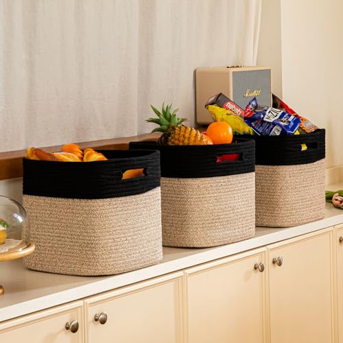 SIXDOVE Storage Cubes 11 Inch Cotton Rope Woven Baskets for Organizing, 3-Pack Cube Storage Bin | Square Baskets for Shleves, Closet, Baby Nursery Bins, Black & Brown