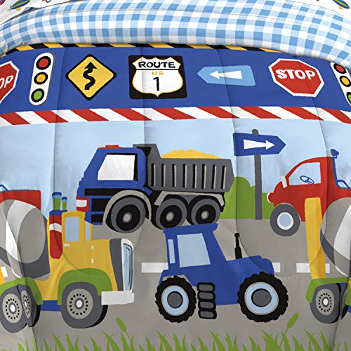 dream FACTORY Trucks Tractors Cars Boys 5-Piece Bedding Comforter Sheet Set, Twin Blue Red Multi