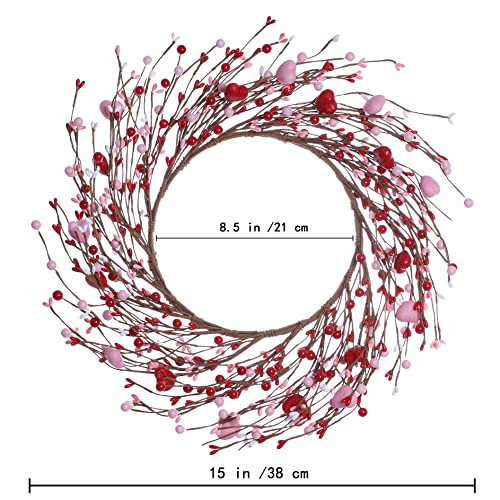 LLZLL Valentine’s Day Wreath,15 Inches Valentine’s Day Wreaths for Front Door Pink Red Heart Berry Wreath for Valentine’s Day Wedding Decor (Red/Pink/White)