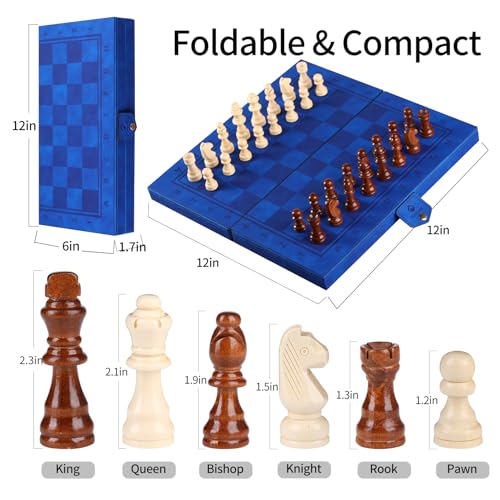 Rinten 2 in 1 Magnetic Chess Set & Checkers Board Game, 12" Handmade Folding Chess Board, Portable Travel Chess Set, Beginner Chess Board Game for Adults & Kids
