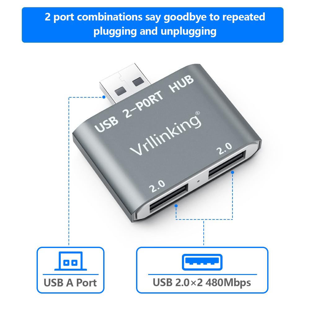 Vrllinking USB Hub, 2 Ports USB 2.0 Hub for Laptop, 2 Ports USB Splitter USB Expander for iMac Pro,MacBook Air, Mac Mini/Pro,Windows/Notebook PC,Printer,Flash Drive,Mobile HDD,Data and Charging