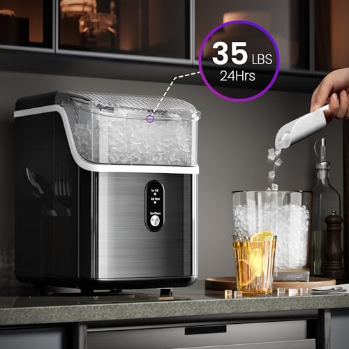 Nugget Ice Makers Countertop, 35Lbs/24H Portable Ice Maker Machine with Chewable Ice, Sonic Ice Makers Countertop with Self-Cleaning Function/Ice Scoop/and Ice Basket for Home & Kitchen(Silver)