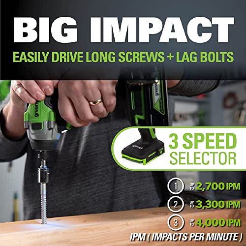 Greenworks 24V Brushless 310 in./lbs Drill / Driver + 2650 in./lbs Impact Driver Combo Kit, (2) USB (Power Bank) Batteries and Dual Port Charger Included LED Light, 2pcs Driving Bits with Tool Bag