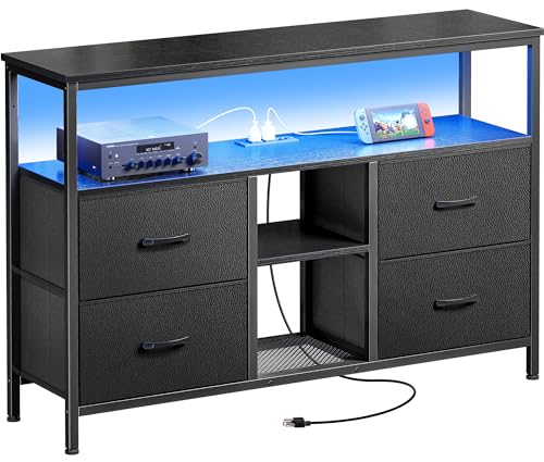 Huuger TV Stand Dresser with Power Outlets and LED Lights, 4 Drawers Entertainment Center with Open Shelf, Media Console for 50 43 Inch TV, Dresser with PU Finish, Black
