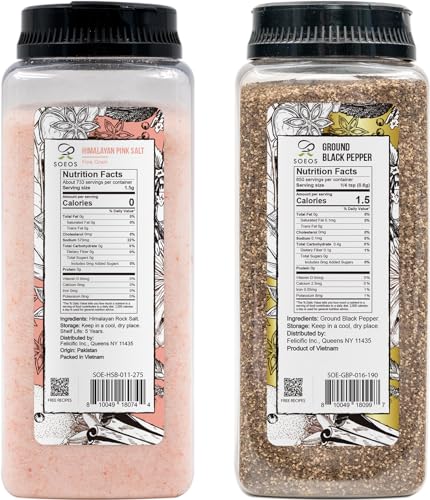 Soeos Himalayan Pink Salt Fine 39 oz + Ground Black Peppercorns 18 oz,Salt and Pepper for Grinder Refill