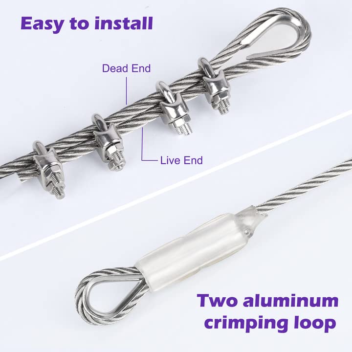 hannger 5/16 Stainless Steel Cable 25ft, 7x19 Strand Wire Rope Cable, 9000 lbs Break Strength, Steel Cables with Loops, Wire Rope Clamps, Thimble for Boat Lifts, Zip line, Deck Railing