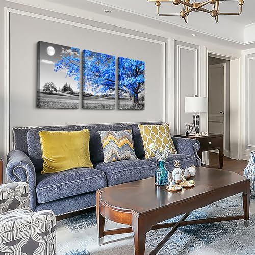 Lapremoly Canvas Wall Art For Salon Living Room Farmhouse Wall Decor For Bedroom Office Decor Black And White Landscape Wall Paintings Blue Trees Wall Pictures Modern Home Walls Artwork 3 Piece
