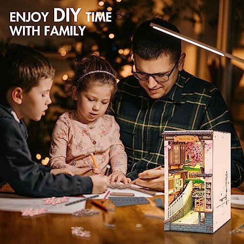 Rowood Book Nook Kit, Bookshelf Insert Decor Alley 3D Wooden Puzzle, DIY Bookend Building Set Model Kit with LED Light -Sakura Tram