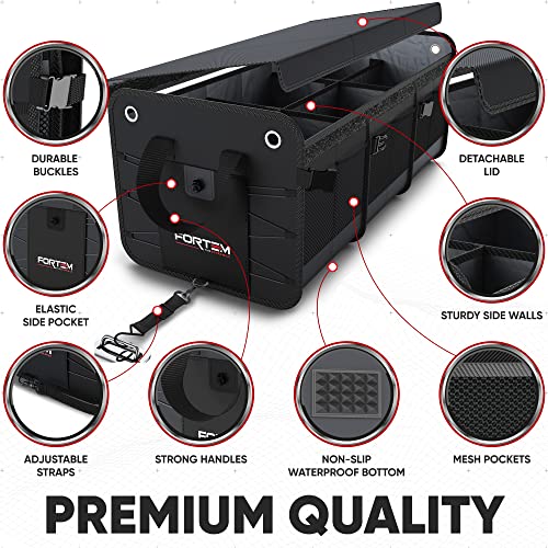 FORTEM SUV Trunk Organizer, Car Organizer, Collapsible Multi-Compartment Storage Bag for Car Accessories for Women Men, Non Slip Bottom, Adjustable Straps, Soft Cover 90L (Extra Large, Black)