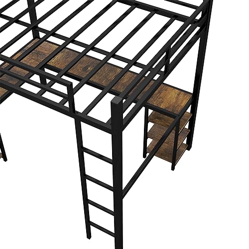 Full Size Loft Bed with Desk and Storage Shelves, Heavy Duty Metal Loft Bed with L-Shaped Desk and Ladder, Full Size Loft Bed for Kids, Teens, Black Loft Bed Full Size