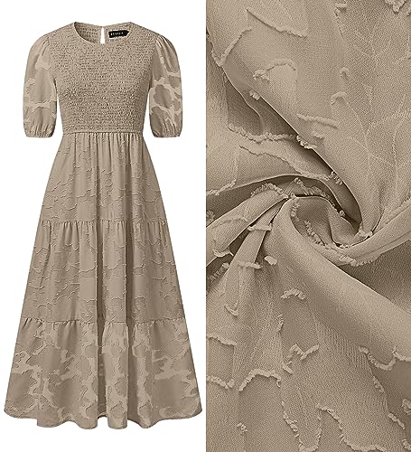 ZESICA Women's 2024 Summer Short Puff Sleeve Crewneck Smocked Floral Lace Flowy A Line Tiered Maxi Dresses,Red,Medium