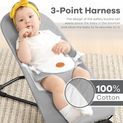 HKAI Baby Bouncer, Portable Baby Bouncer Seat for Babies 0-18 Months, 100% Cotton Fabrics, 3 Modes of use with Rocker and Stationary Options, Infant Rocker Chair with Hanging Toys-Dark Grey