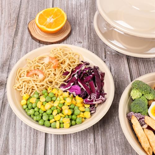 JAYEEY 24 oz Round Disposable salad bowls with lids, Sugarcane Fiber Paper Bowls take away food containers Plant Fibers Freezer Safe 50 Pack