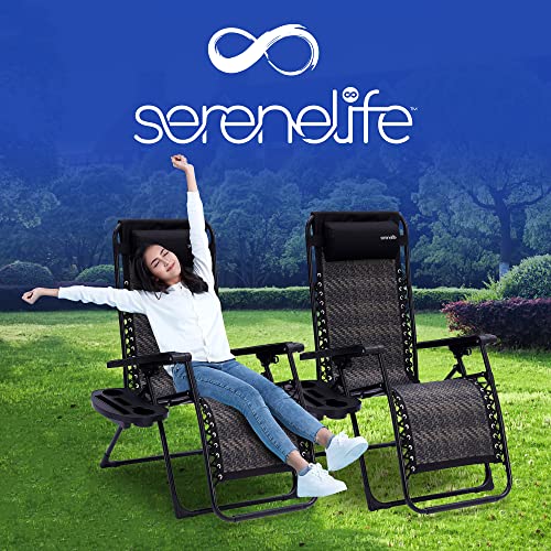 Foldable Outdoor Zero Gravity Lawn Chair, Adjustable Rattan Recliners, w/Removable Padded Headrest Pillows and Cup Holder Side Tables, Set of 2