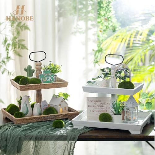 Hanobe Tiered Tray for Table Decor: 2 Tier Farmhouse Serving Stand Summer Decorative Tray for Coffee Bar Centerpiece Rectangle Wood Display Stands Kitchen Counter (Brown)