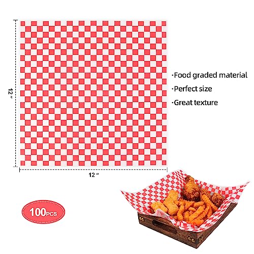 JIRNGLA 100pcs Deli Paper Sheets 12x12"", Premium Food Basket Liners, Grease Resistant Wax Paper Sheets for Food, Classic Checkered Sandwich Wrapping Paper (Black & White Checkered)