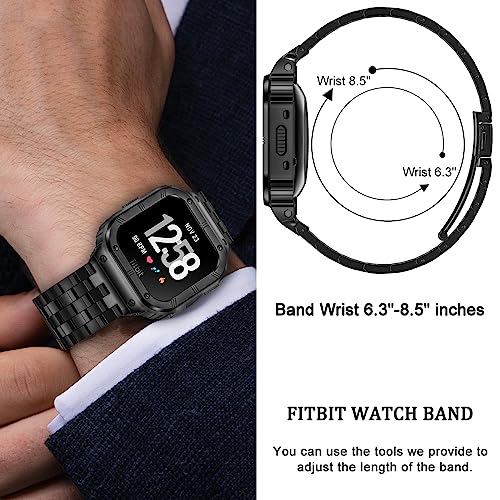 SUPLINK Stainless Steel Case & Band Compatible with Fitbit Versa 4 Bands/Versa 3/Versa/Versa 2 Watch bands Men,Protector Cover Strap for Fitbit Sense/Versa Lite/Fitbit Sense 2 Bands,Black