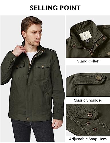 WenVen Men's Spring Military Casual Cotton Jacket Outwear (Army Green, Medium)
