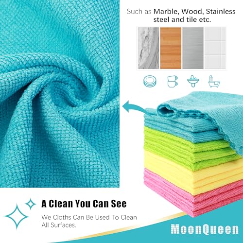 MOONQUEEN 12 Pack Microfiber Cleaning Cloth - Reusable Cleaning Rag, Fast Drying Cleaning Towels,12"X12", Green/Blue/Yellow/Pink