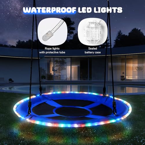 Trekassy 700lbs 40” Saucer Tree Swing with LED Lights for Kids Adults Outdoor 2 Tree Hanging Straps-Blue