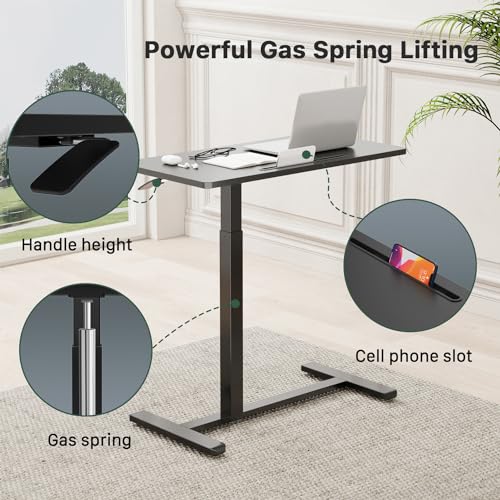 Gibbon Mounts Mobile Standing Desk, Pneumatic Adjustable Rolling Desk(31.5 Inches), Portable Laptop Desk with Wheels, Overbed Bedside Table Laptop Table for Couch, Home, Office, Black