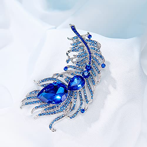 EVER FAITH Women's Austrian Crystal 4 Inch Peacock Plume Teardrop Brooch Blue Silver-Tone