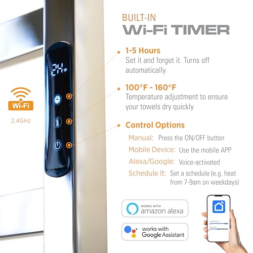 Brandon Basics Wall Mounted Electric Towel Warmer with Built-in Smart Wi-Fi Timer and Hardwired and Plug in Options (Brushed)