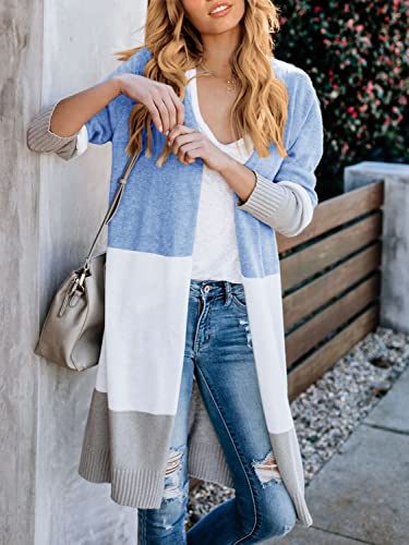 Lovaru Womens Boho Open Front Cardigan Colorblock Long Sleeve Loose Knit Lightweight Sweaters (Medium, Ze-GRAY)
