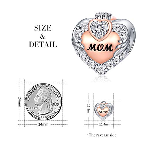 FOREVER QUEEN Love Heart Mom September Birthstone Charm for Bracelet 925 Sterling Silver Angle Wing with Crown Mother Bead Charms for Bracelet Necklace, Best Birthday Gift for her