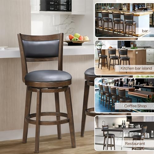 Larksperal 24" Counter Height Barstools Set of 2 - High Back Swivel Bar Stools with Black Faux Leather Upholstered Seat & Solid Wood Footrest, Counter Bar Stool for Kitchen Island & Pub