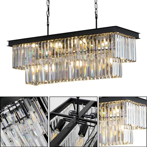 Weesalife Crystal Chandeliers for Dining Room 11-Light Black Modern Chandelier Rectangle Contemporary Pendant Light Fixture for Kitchen Island Bar