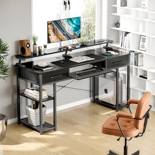 ODK Computer Desk with Drawers, 55 Inch Office Desk with Power Outlet and Keyboard Tray & Storage Shelves & PC Stand, Office Table Work Desk with Monitor Stand, Black