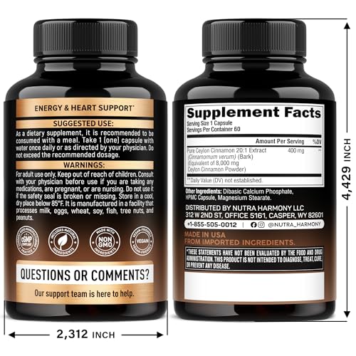 Ceylon Cinnamon Capsules - Extra Strength - Energy Heart & Metabolism Support for Men & Women - Pure Natural Cinnamon 20:1 Extract Supplement - GMO & Gluten Free - Made in USA - 60 Capsules 2 Month