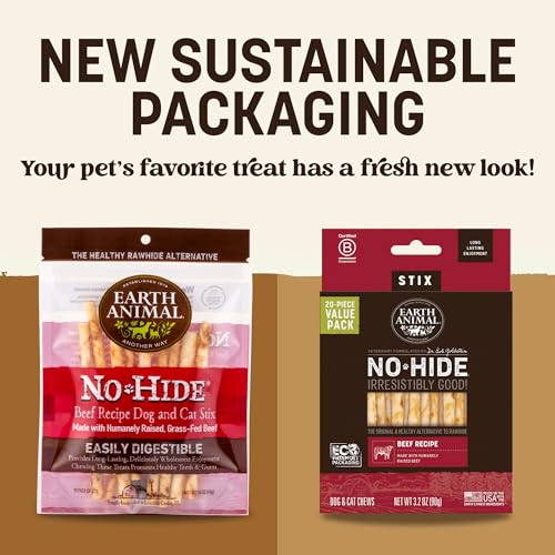Earth Animal No Hide Stix Beef Flavored Natural Rawhide Free Dog Chews Long Lasting Chew Sticks |Treats for Small Dogs and Cats | Great for Aggressive Chewers 1.6 Oz