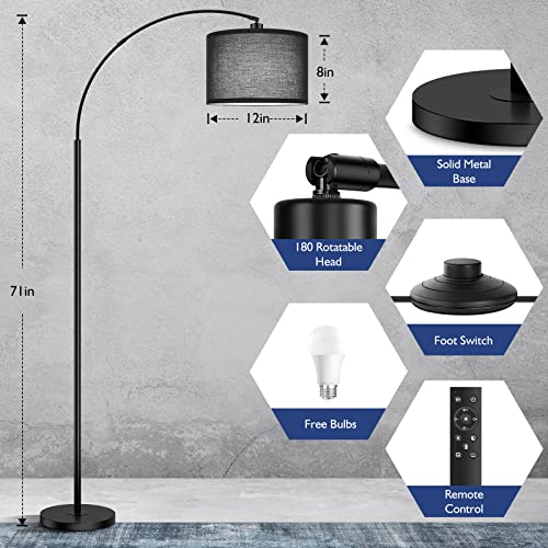 Arc Floor Lamps for Living Room, Modern Remote Control Standing Lamp with Stepless Dimmable, Black Tall Lamp with Gary Drum Shade, Over Couch Arched Reading Light for Bedroom, Office(Bulb Included)