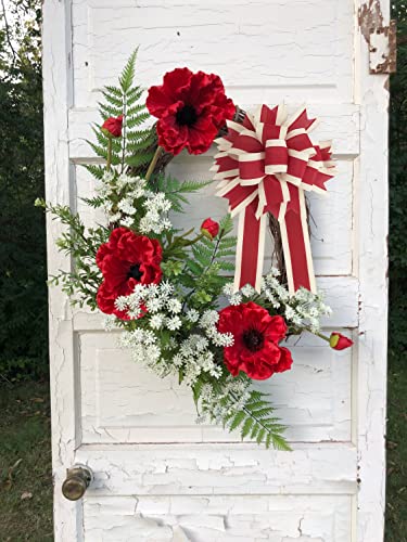 MEEDEE Red And White Striped Ribbon Red And White Wired Ribbon 2.5 Inch Red Fabric Ribbon With Ivory Stripe Edge Red Stripes Wired Ribbon For Wreath Christmas Tree Garland Topper Bow Making (10 Yards)