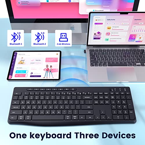 COLIKES Wireless Keyboard Multi-Device, 2.4G & Dual Bluetooth Keyboard, Computer Keyboard with 8 Multimedia Keys, Ergonomic Full-Size PC Keyboard, Compatible with PC, Laptop