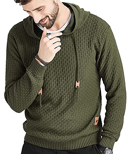 Zaitun Mens Hooded Sweatshirt Long Sleeve Solid Knitted Hoodie Pullover Sweater Green Khaki