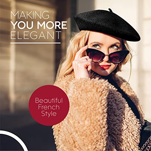 Black French Wool Beret Hat - Classic Stretchable - One Size Fits Most - Solid Color - Stylish Chic Parisian
