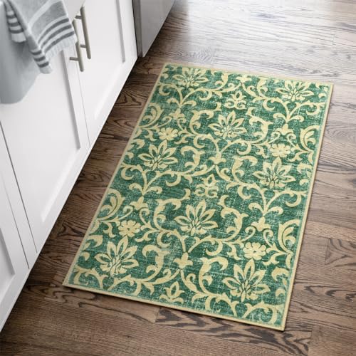 Morebes Vintage 2x3 Throw Rugs with Rubber Backing Washable,Floral Entryway Rug Non Slip, Front Door Rug Non Shedding Distressed Kitchen Mat Indoor Entrance Floor for Bedroom, Green