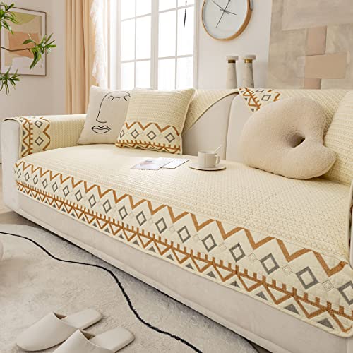 XSlive Farmhouse Embroidery Couch Sofa Cover Geometric Pattern Cotton Quilted Sectional Couch Cover Anti-Slip Soft Furniture Protector Sofa Slipcover for Living Room (Ivory,36"x94")