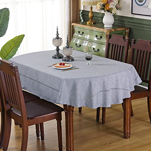 Handmade Hemstitch Tablecloth Natural Faux Linen Table Cloth Oval Rustic Table Cover for Kitchen Dinning Room Party Solid Grey 60x84 inch