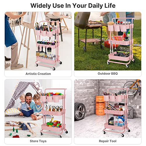 E&D FURNITURE 3 Tier Rolling Storage Cart with Wheels, White, Sturdy, Waterproof, Adjustable, Multipurpose, Organization, Office, Kitchen, Bedroom, Bathroom, Garage, Kids Art Cart