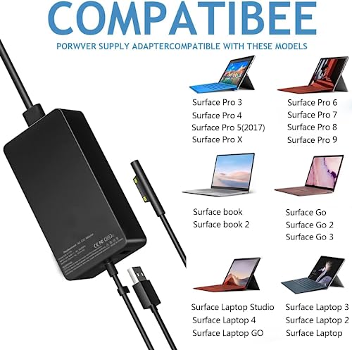Surface Pro Charger Surface Laptop Charger 65W, for Surface Pro 9/8/7/6/5/4/3/X Surface Go 3/2/1 Surface Laptop 5/4/3/2/1 Surface Book 3/2/1 Microsoft Surface Charger Supports 44W 36W
