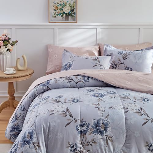 Flower Bed in a Bag 6 Pieces Twin size Blue Gray Floral Comforter Sheet Set Soft Microfiber Lightweight Summer Bed Set (1 Comforter 2 Pillow Shams 1 Flat Sheet 1 Fitted Sheet 1 Pillowcases)