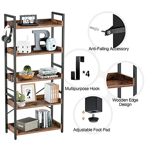 Rolanstar Bookshelf 5 Tier with 4 Hooks, Industrial Wood Bookcase, Vintage Storage Rack with Open Shelves, Rustic Standing Bookshelves Display Rack for Living Room, Bedroom, Rustic Brown
