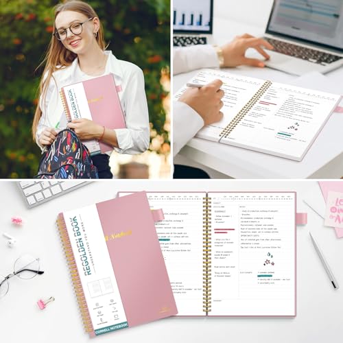 Regolden-Book Cornell Notes Notebook, Study Note Taking System, Spiral Notebooks, Subject College Ruled Notebook Steno Pads for Office School College Home (7x10)